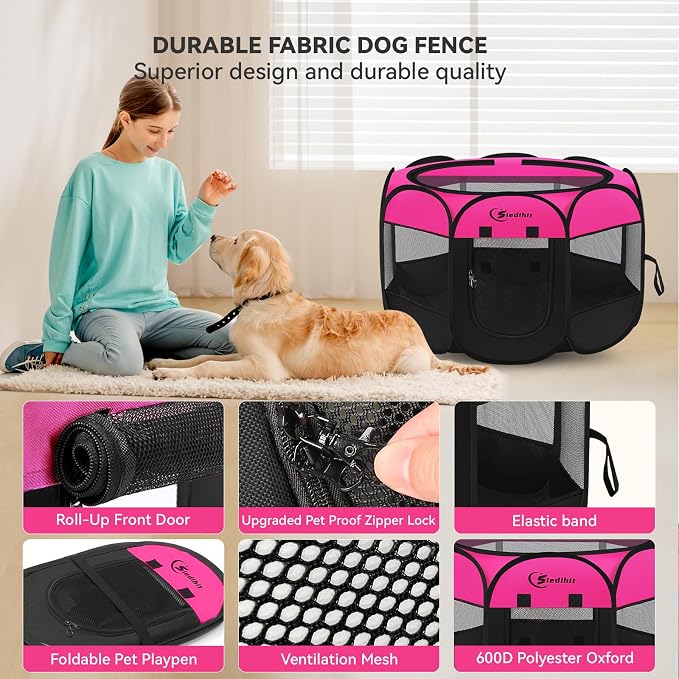 Siedihit Dog Cat Playpen, Large Puppy Pet Playpen, Dog Crate Tent Cage Indoor/Outdoor, Portable Pop Up Dogs Kennel Playpen with Carrying Case for Dogs/Cats/Rabbits, Hot Pink