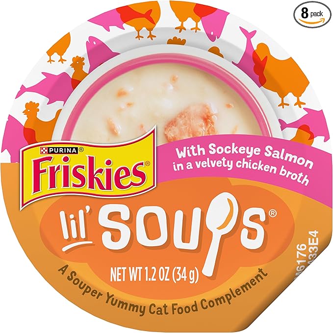 Purina Friskies Grain Free Lickable Cat Food Toppers Lil’ Soups With Sockeye Salmon in Chicken Broth - (Pack of 8) 1.2 oz. Cups