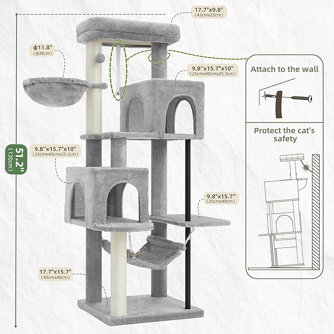 Gitelsnour 51.2'' Cat Tree Tower, Cat Tower with Scratching Post, Sturdy Steel Pube Cat Tree for Inoor Cats Large Adult, Cat Hammock and Basket, Padding Top Platform, Light Gray GCT014W