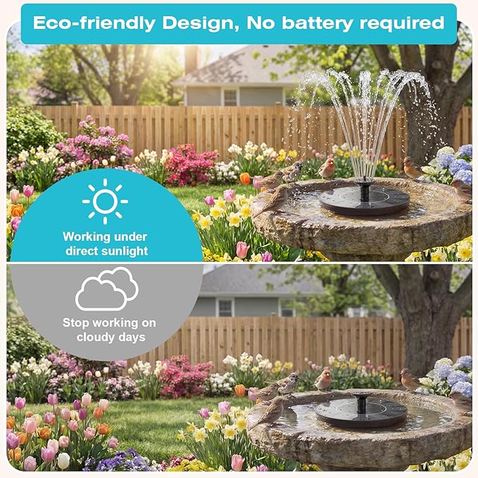 AMZtime 1.4W Solar Fountain with 4 Fixed Rods, 2026 Solar Fountain Pump with Upgraded Solar Panels, Solar Powered Floating Water Fountain Pump for Bird Bath, Garden, Ponds, Fish Tank and Outdoor