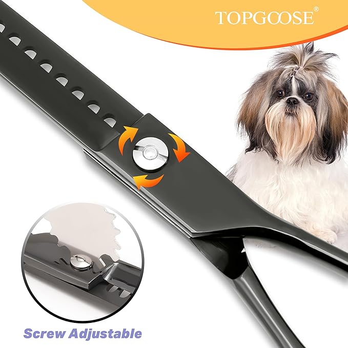 Dog Grooming Scissors Kit, Professional 6 in 1 Pet Scissors Sharp Shears Set - Straight, Thinning, Chunker, Curved Shears and Comb for Long Short Hair for Dog Cat (Set, Black)