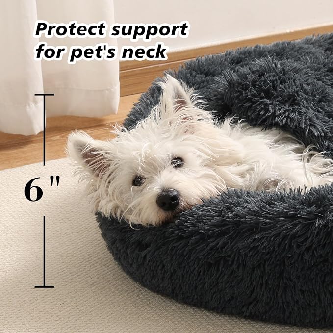 Calming Donut Dog Bed with Hooded Blanket – Plush Fluffy Cave Bed for Small & Medium Dogs, Machine Washable Anti-Anxiety Pet Bed for Cats