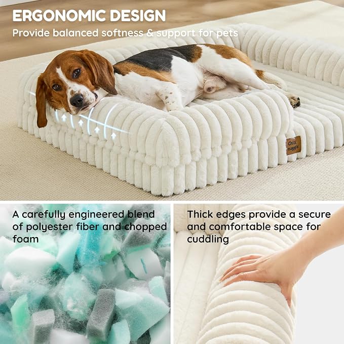 Orthopedic Dog Bed for Large Dogs, Washable Dog Bed with Faux Rabbit Fur Waterproof Cover, High Density Egg Crate Foam Support with 3-Sided Bolsters for Senior Dogs, Non-Skid Bottom,35x28x7, Cream
