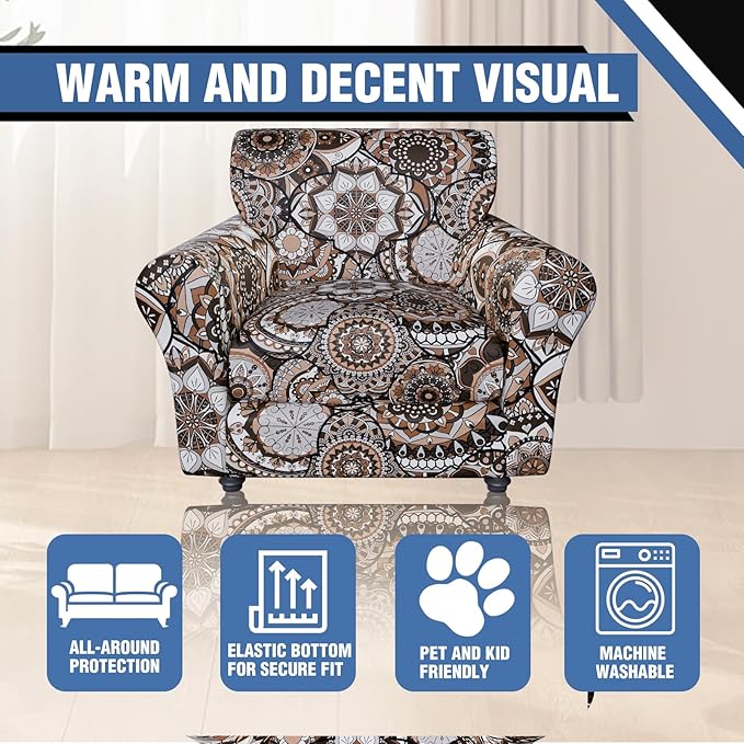 Stretch Chair Covers Armchair Couch Slipcovers 2 Piece,Washable Floral Arm Chair Sofa Covers Furniture Protector with Separate Couch Cushion Slipcover for Living Room(Armchair,Brown Texture)