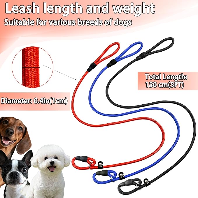 FOVRLZSE Upgraded Dog Slip Lead (3-Pack) Adjustable Nylon Lead for Dogs (Red/Black/Blue), Training Aid, Eco-Friendly Cotton Lining, Integrated Plastic Buckle,
