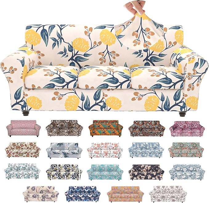 Stretch Couch Covers for 3 Separate Cushion Couch Sofa,Floral Printed Couch Sofa Cover,Washable Sofa Slipcover,Pet Friendly Furniture Protector with Elastic Bottom,Universal Fit for Home(Sofa,Cover)