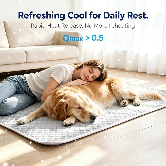 Dog Cooling Mat Q-Max>0.5 Self Cooling Crate Pad for Bed, Floor, Car Travel Indoor Outdoor Summer Use Breathable Portable Washable Pet Cooling Mat with Arc-Chill Fabric Light Blue 28" x 22"