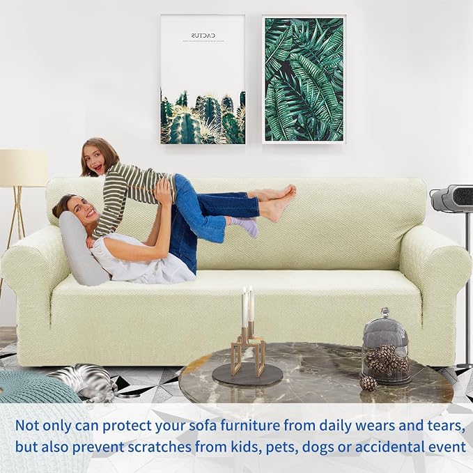 ZNSAYOTX 1 Piece Jacquard Couch Covers for 2 Cushion Couch High Stretch Loveseat Slipcover for Pets Dogs Anti Slip Love Seat Sofa Slipcover Furniture Protector (Medium,New Pattern Light Beige)