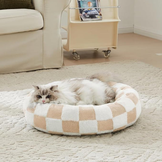 Ohocut Checkered Cat Dog Bed, Cute Beige Khaki Retro Style Aesthetic Round Warming Pet Calming Beds for Small Dog and Cats, Plush Cozy Donut Beds Washable, 23" L x 23" W x 8" Th