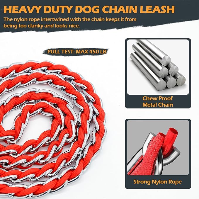 Chain Dog Leash Chew Proof Metal Leash for Medium Large Dogs, Chain Link Dog Anti Chew 5.2FT / 4FT Strong Anti Bite Comfortable Soft Padded Handle (red, 4FT(30-80lb)