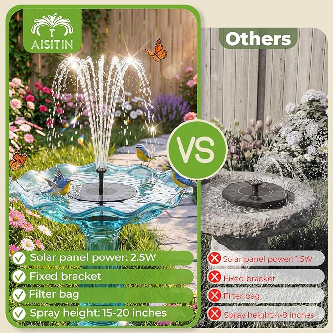 AISITIN Solar Fountain, 2.5W Solar Water Fountain Pump with 6 Nozzles & 4 Tube Supports, 6.7" Solar Powered Fountain for Garden, Pond, Pool, Fish Tank, Aquarium Outdoor