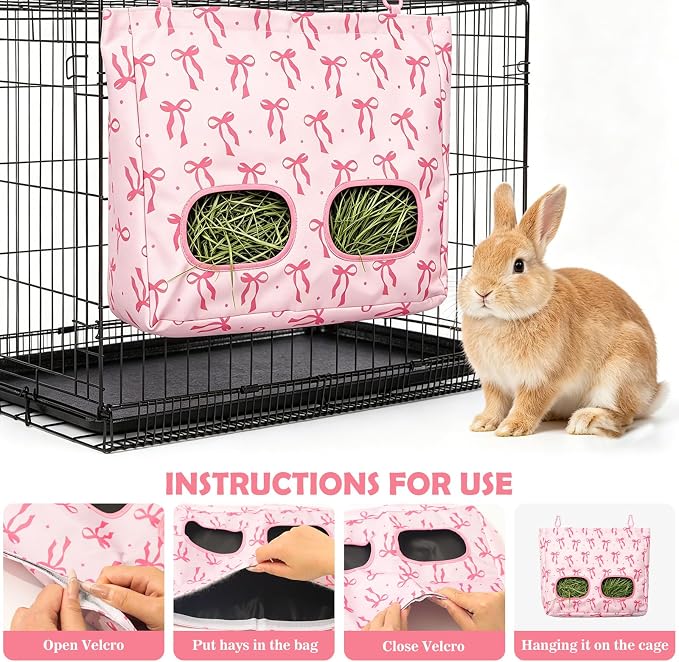 JarThenaAMCS 2Pcs Rabbit Hay Feeder Bag with 2 Holes Pink Bow Guinea Pig Hanging Hay Feeding Bag Large Storage Dispenser for Chinchilla Hamster Bunny Small Animal Pet