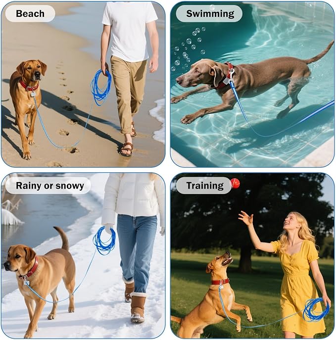 Waterproof Long Dog Leash 15FT, Heavy Duty Recall Training Lead with Non-Slip Padded Handle&Reflective Threads, Durable Long Line for Large Medium Dogs, Outdoor Hiking Camping Beach Swimming