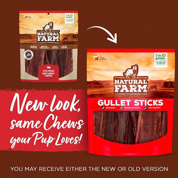 Natural Farm Gullet Sticks (6 Inch, 50 Pack) - One Ingredient Beef Esophagus Chews - Fully Digestible, Promotes Joint & Dental Health, for Pups, Small & Senior Dogs