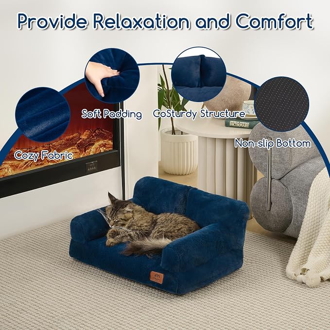 Hollypet Fluffy Dog Cat Bed Pet Couch Beds Plush Soft Warming Washable Puppy Bed for Small Medium Dogs and Large Cats, Cobalt Blue, 24" L x 18" W x 10" Th