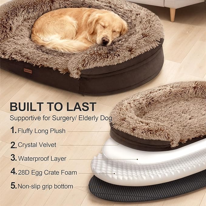iweepet Fluffy Orthopedic Dog Beds for Large & Extra Large Dogs, 41" Calming Dog Sofa Bed with Supportive 28D Egg-Crate Foam, Removable Washable Cover, Waterproof Lining, for Puppy,Senior,Sick