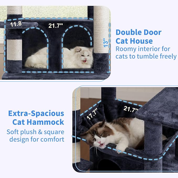 Heybly Tall Cat Tree for Large Cat, 80-inch Multi-Level Cat Tower for Indoor Cats with Large Baseboard, Condo Furniture with 2 Widened Plush Perches,Scratching Board and Big Caves, Smoky Gray HCT038G