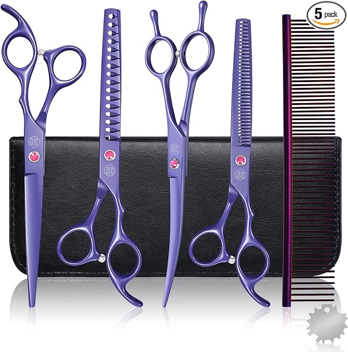 Professional Dog Scissors Set - 7 Inch/8 Inch Curved Chunkers & Thinning Shears with Grooming Comb
