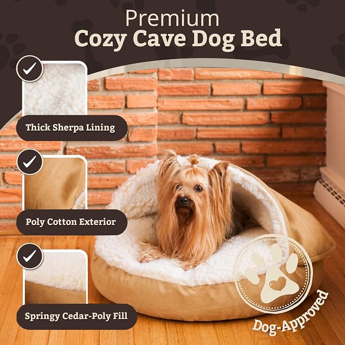 Snoozer Cozy Cave Dog Bed - Indoor Dog Bed with Cover Cave, Covered Calming Burrow for Small & Medium Sized Pets with Blanket Attached, Enclosed, Removable Washable Cover - Large, Camel