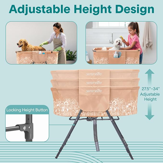 SereneLife Foldable Dog Bath Tub with Adjustable Height, 360° Access, Drain Hose & Storage Pockets – 130 lb Capacity Grooming Station for Indoor/Outdoor Use (Beige)