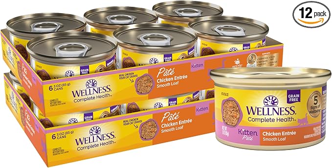 Wellness Complete Health Pate Kitten Canned Wet Cat Food, Natural, Protein Rich, Grain Free, Chicken Entrée Recipe, 3 oz, Pack of 12 Cans
