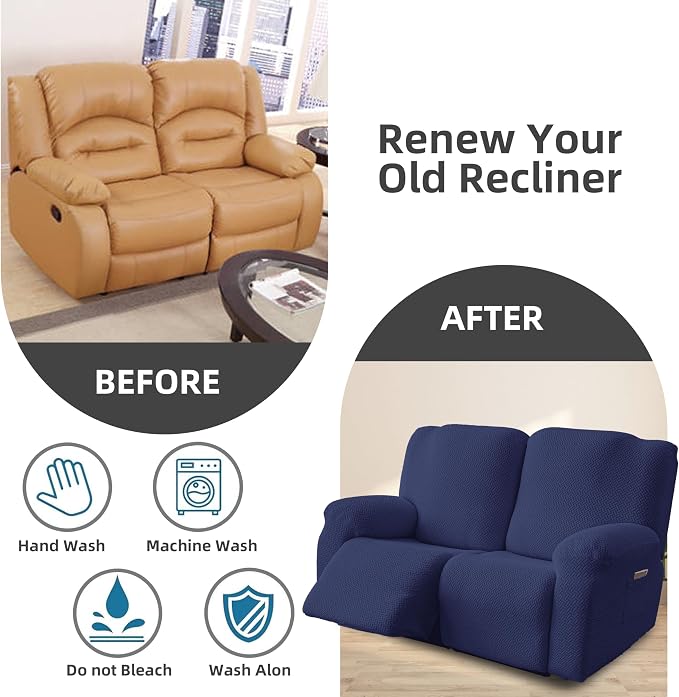 Genina Recliner Loveseat Covers, Stretch Reclining Sofa Covers, 2 Seater Couch Cushion Stripe Jacquard Recliner Slipcovers - Furniture Protector Covers for Pet Kid (Navy Blue)