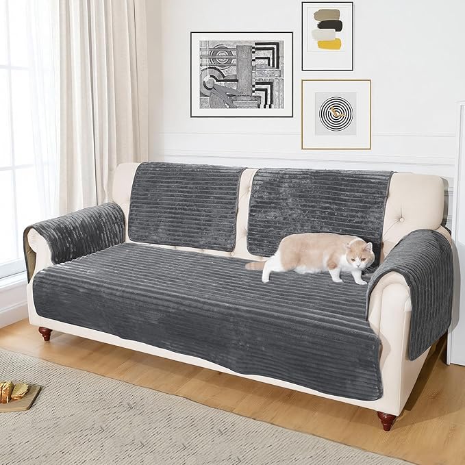 NAISI Couch Covers for Dogs Waterproof Flannel Striped Sofa Cover Pet Friendly Washable Dog Mat for Couch Anti Slip Sectional Sofa Slipcover Protector(1pc/35"x 70",Dark Grey)