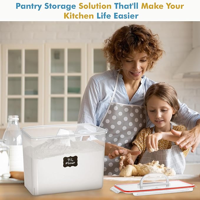 Shazo 2 PC (11L | 372 oz) Flour Sugar Storage Containers with Easy Carry Handle - Plastic Extra Large Food Storage Containers with Lids for Rice Cereal, BPA Free & Airtight Kitchen Pantry Organization
