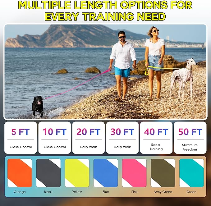 Wolfone 10ft Yellow Long Leash - Waterproof Training Dog Leash for Recall, Swimming, Camping, Beach, Hunting, Walking