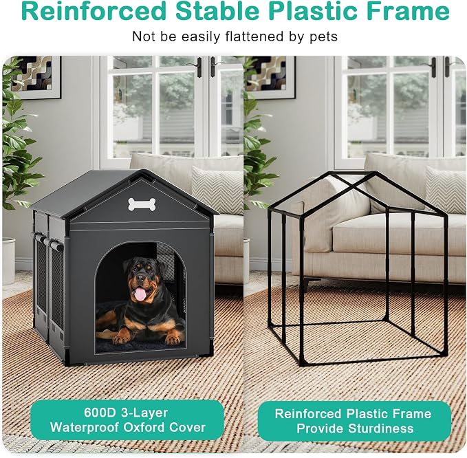 Dog House Indoor Outdoor Dog Kennel Bed Mat with Cushion for Small to Large Dogs Cats, Cozy Cooling Cat Nest Puppy Cave Sofa Pet Products Easy Assembly (Grey, X-L: 33.9" L x 26.8" W x 33.9" H)