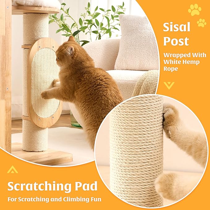 HITTITE Solid Wood Cat Tree Tower with Scratching Post, 64 Inches Tall Cat Towers with Scratching Board, Modern Cat Tower with Space Capsule and Removable Top Bed for Indoor Cats