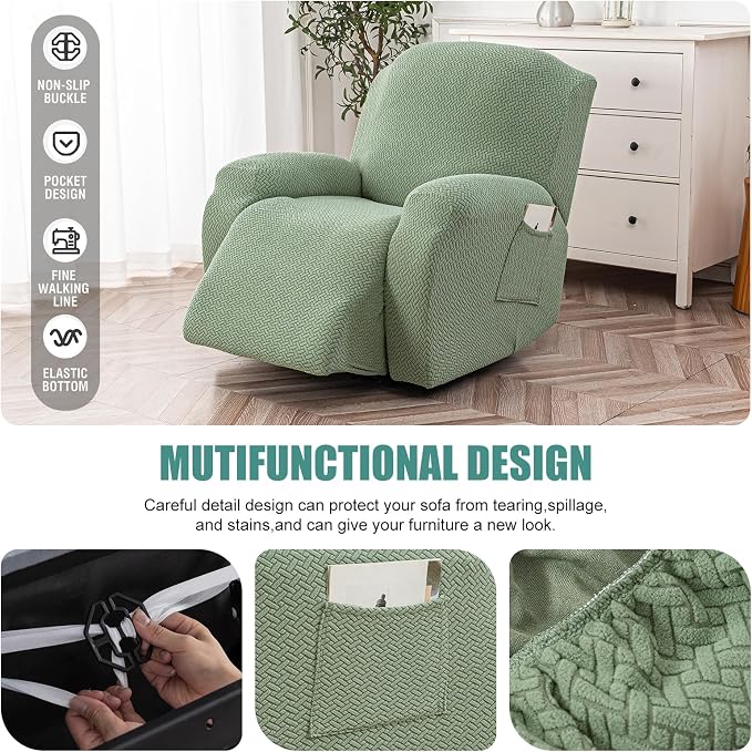 Genina Recliner Chair Cover, Stretch Reclining Chair Covers, Recliner Sofa Slipcovers Stripe Jacquard Lazy Couch Covers Furniture Protector Covers for Pet Kid (Matcha Green, 1 Seat)