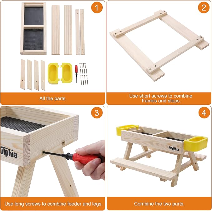 Boulphia Chicken Feeders and Waterers, Chicken Feeder No Waste Kit with Picnic Table and 2 Water Feeder, Handmade Wooden Chicken Supplies & Accessories for Chicken Coop