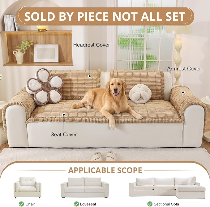 OstepDecor Couch Cover for Dogs, Washable Non Slip Sofa Cover for Pets, Soft Couch Covers for Sofa, Loveseat and Sectional, Furniture Protector Against Pet Hair & Scratches (27.6" x 47.2", Khaki)