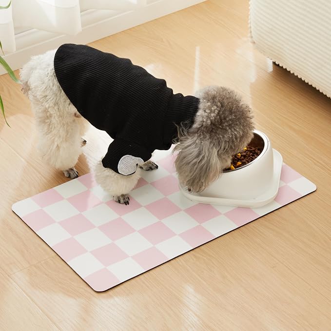 Checkered Dog Feeding Mat, Absorbent Mats for Dog Food and Water Bowl, Dispenser, Feeder, Retro Aesthetic Pastel Pink Checkerboard Pet Placemat for Dogs, Cats, Puppy Accessories, 16" X 24”