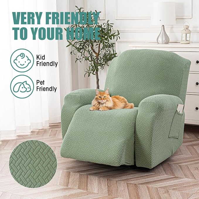 Genina Recliner Chair Cover, Stretch Reclining Chair Covers, Recliner Sofa Slipcovers Stripe Jacquard Lazy Couch Covers Furniture Protector Covers for Pet Kid (Matcha Green, 1 Seat)