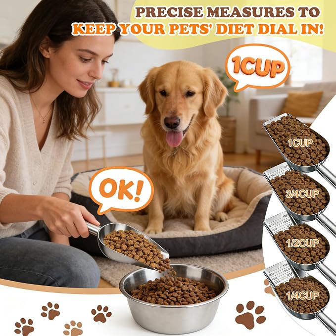 Mity rain 2PCS Dog Food Scoop Stainless Steel with Long Handle, Precise Dog Food Measuring Cup 1, 3/4, 1/2, 1/4 Cup, Pet Scoop for Cats, Rabbits, Animals, Metal Spoon for Dog Food Storage (2 CUP)
