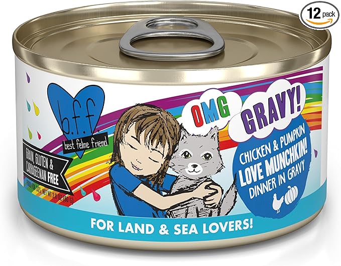 Weruva B.F.F. OMG - Best Feline Friend Oh My Gravy!, Love Munchkin! with Chicken & Pumpkin in Gravy Cat Food, 2.8oz Can (Pack of 12)