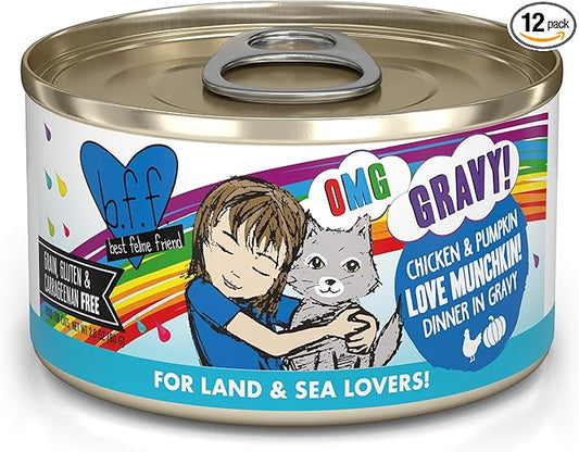Weruva B.F.F. OMG - Best Feline Friend Oh My Gravy!, Love Munchkin! with Chicken & Pumpkin in Gravy Cat Food, 2.8oz Can (Pack of 12)