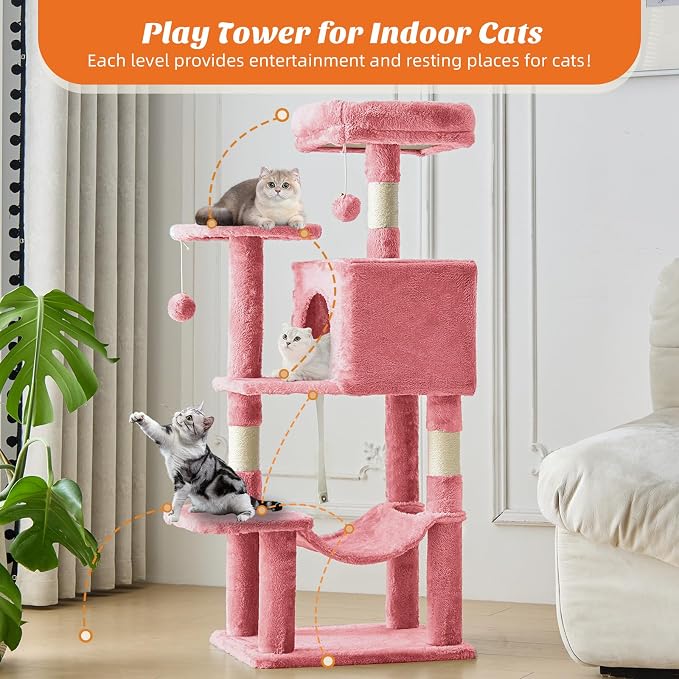 DUMOS Small 44 Inch Cats Tree Tower, Cat Climbing Tower with Natural Sisal Scratching Posts, Hammock, Pet Condo for Indoor Cats and Kittens Play, Pink