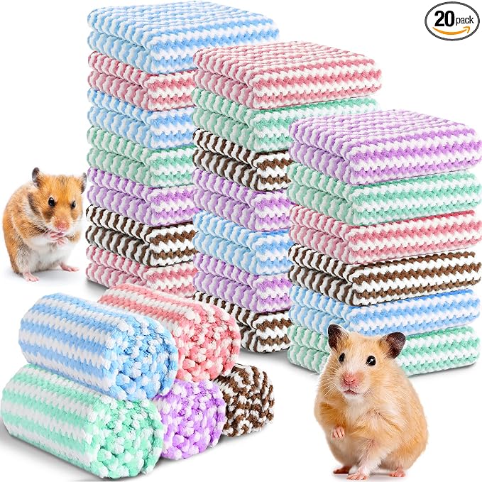 Moukeren 20Pcs Guinea Pig Fleece Bedding Blankets Bulk Washable Small Animal Fleece Cage Liners Pet Wash Cloth Sleeping Mat Cover for Hamster Chinchilla Rabbit Hedgehog(Multicolor, 12 x 12 Inch)