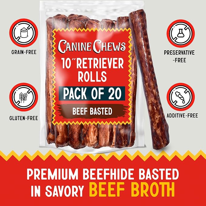 Canine Chews 10" Beef Basted Rawhide Bones for Large Dogs - 20 Pack - Hand-Rolled Dog Chews Basted in Beef Broth - Promotes Dental Health