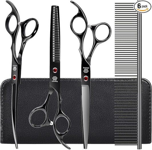 Dog Grooming Scissors Kit with Safety Round Tips, GLADOG Professional 5 in 1 Grooming Scissors for Dog and cat