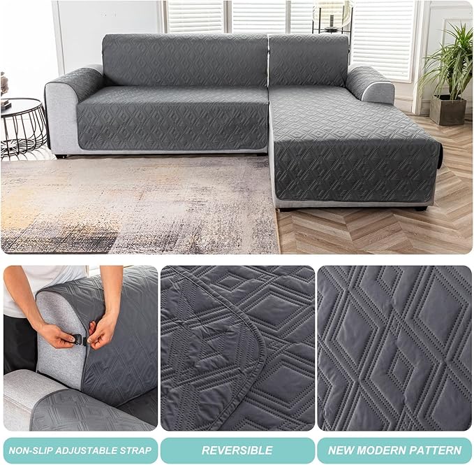 Genina 100% Waterproof Sectional Couch Covers for Dogs Reversible Couch Covers for Sectional Sofa L Shaped Sofa Slipcover Furniture Protectors Cover for Pets, Kids (Dark Gray, Large)
