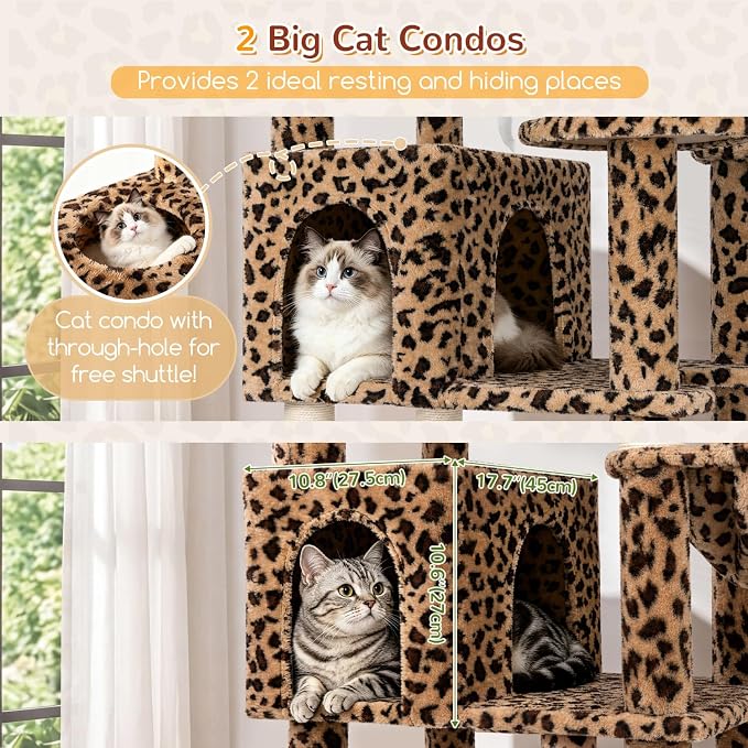Globlazer Extra Large Cat Tree Tower 82in Tall Heavy Duty Cat Tree for Indoor Cats Large Adult Big Cat Tower with 8 Scratching Posts, 2 Condos, 2 Padded Perches, 3 Hanging Baskets, S82, Leopard Print