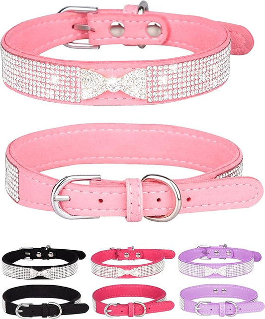 Dog Collar for Small Dogs, Adjustable Leather Suede Bling Dog Collars，Pink Dog Collar Cat Collar, Rhinestone Dog Collar (XS, pink4)