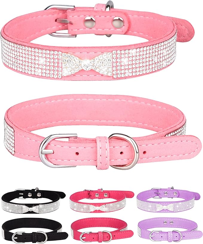 Dog Collar for Small Dogs, Adjustable Leather Suede Bling Dog Collars，Pink Dog Collar Cat Collar, Rhinestone Dog Collar (M, pink4)