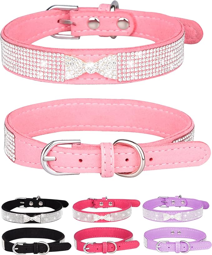 Dog Collar for Small Dogs, Adjustable Leather Suede Bling Dog Collars，Pink Dog Collar Cat Collar, Rhinestone Dog Collar (L, pink4)