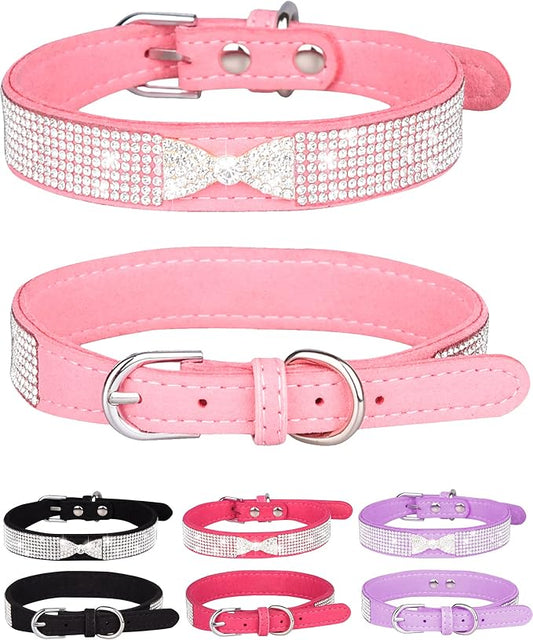 Dog Collar for Small Dogs, Adjustable Leather Suede Bling Dog Collars，Pink Dog Collar Cat Collar, Rhinestone Dog Collar (L, pink4)