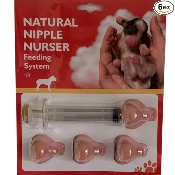 The Natural Nipple Nurser, Six Pack Pet Feeding Nipple with Syringe,Puppy Bottles for Nursing, Newborn Puppy Nursing Nipple, Puppy Feeder, Nursing Nipples for Small Animals, Whelping Supplies (Small)